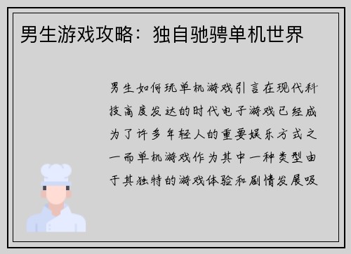 男生游戏攻略：独自驰骋单机世界